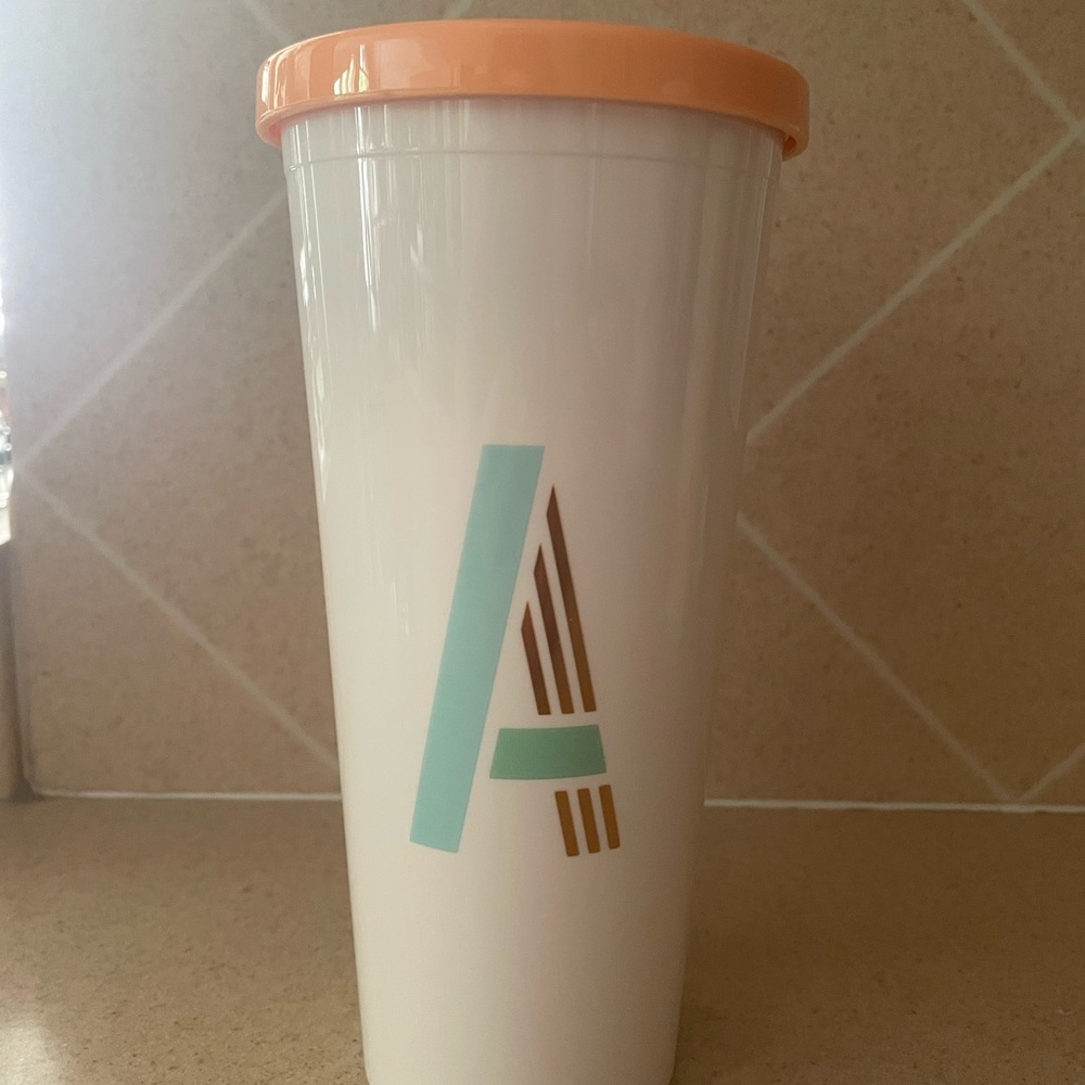 White Tumbler with Orange Lid and Monogram A Design